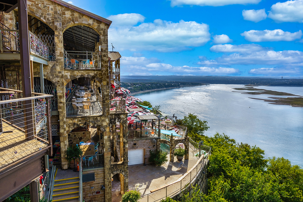 View of Lake Travis on a sunny day from the Oasis Lounge balcony