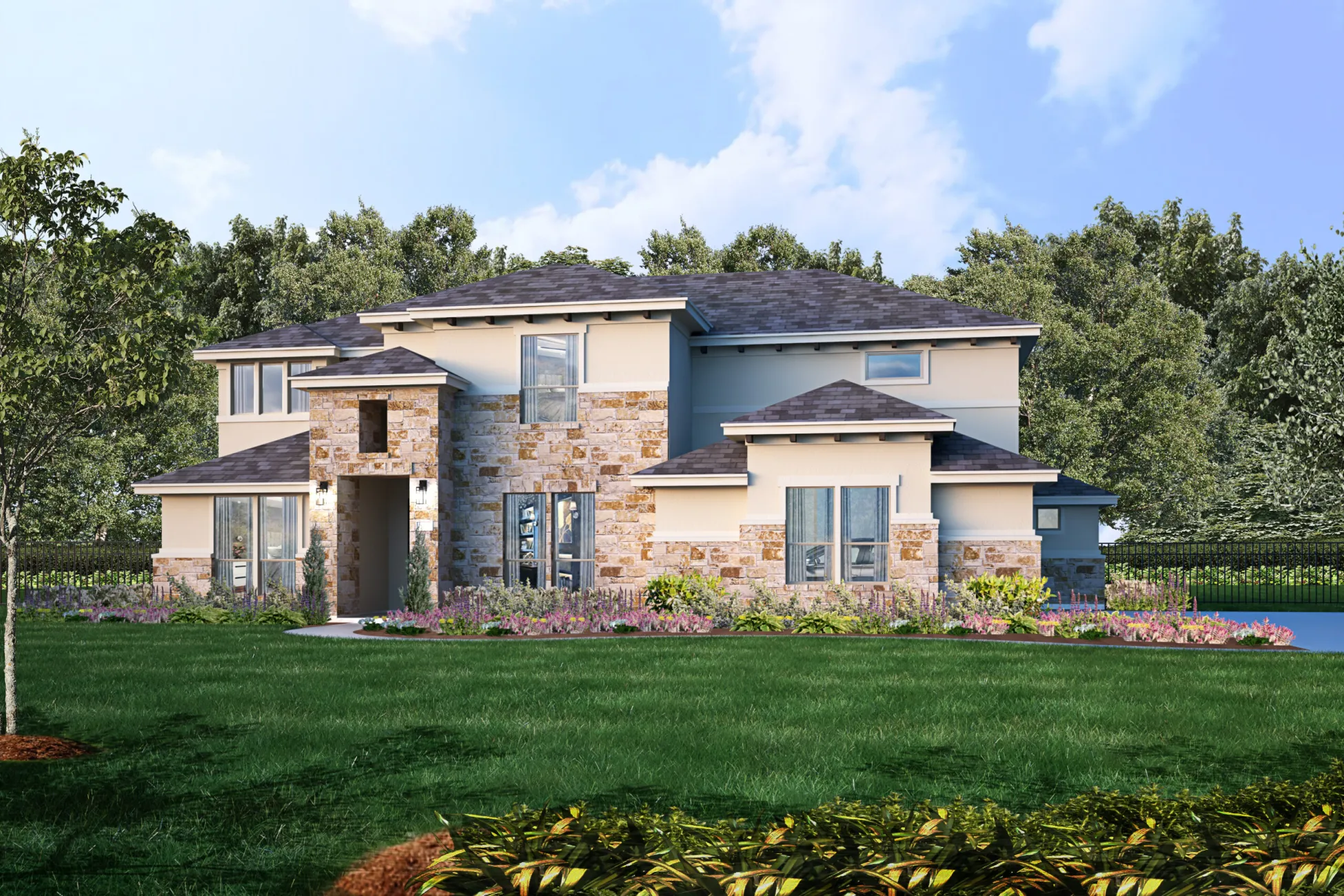 Burnet Hilltop Estates home exterior rendering against acreage treeline backdrop