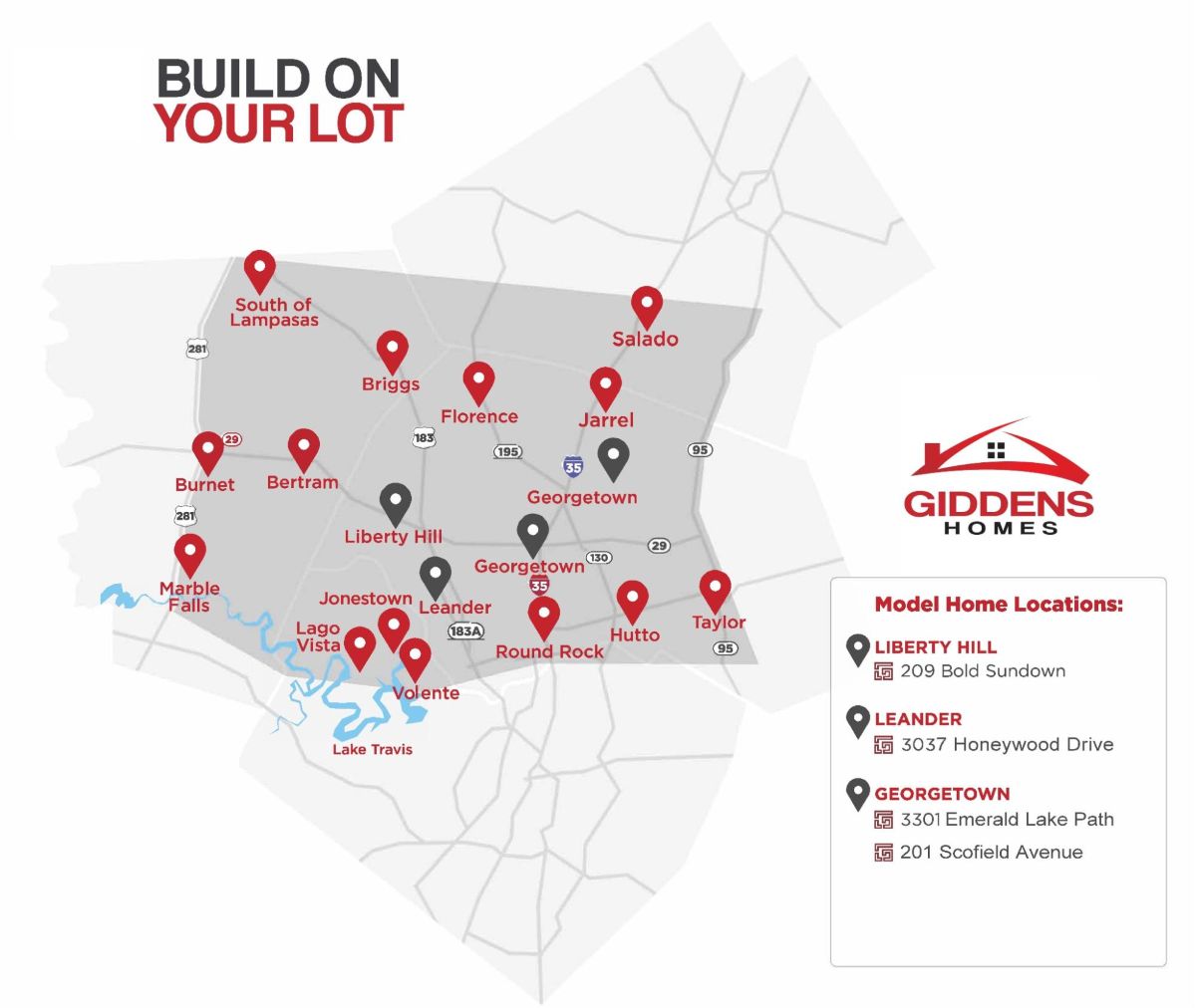 Map of a Giddens Home build on your lot locations.